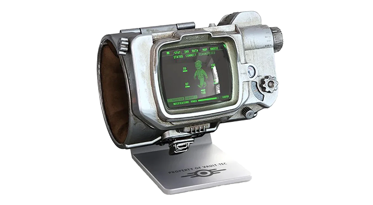 A detailed replica of a Pip-Boy from the Fallout series.