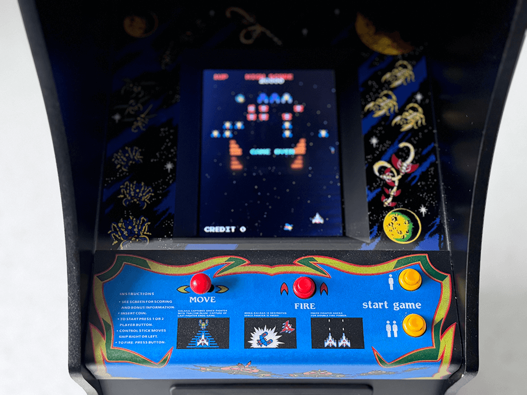 A Galaga Quarter Arcade front view showing the orginal Galaga ROM playing.