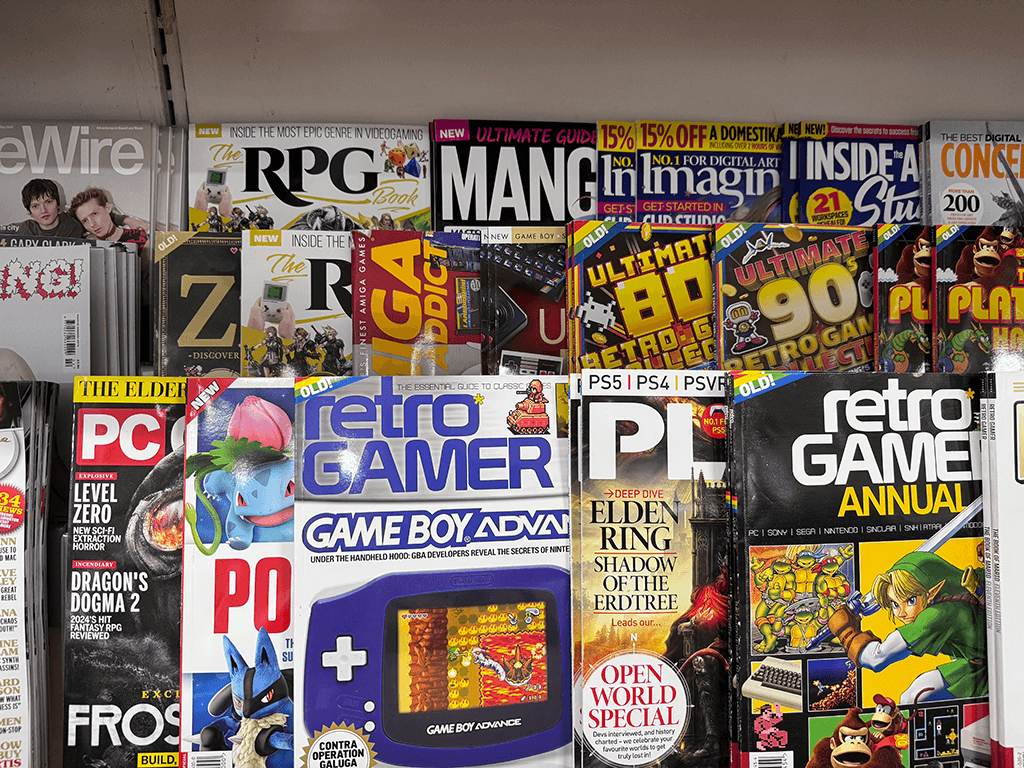 A magazine rack in WH Smiths showing a slection of gaming magazines.